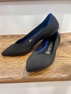 Rothy's Black Pointed Flats with Blue Trim